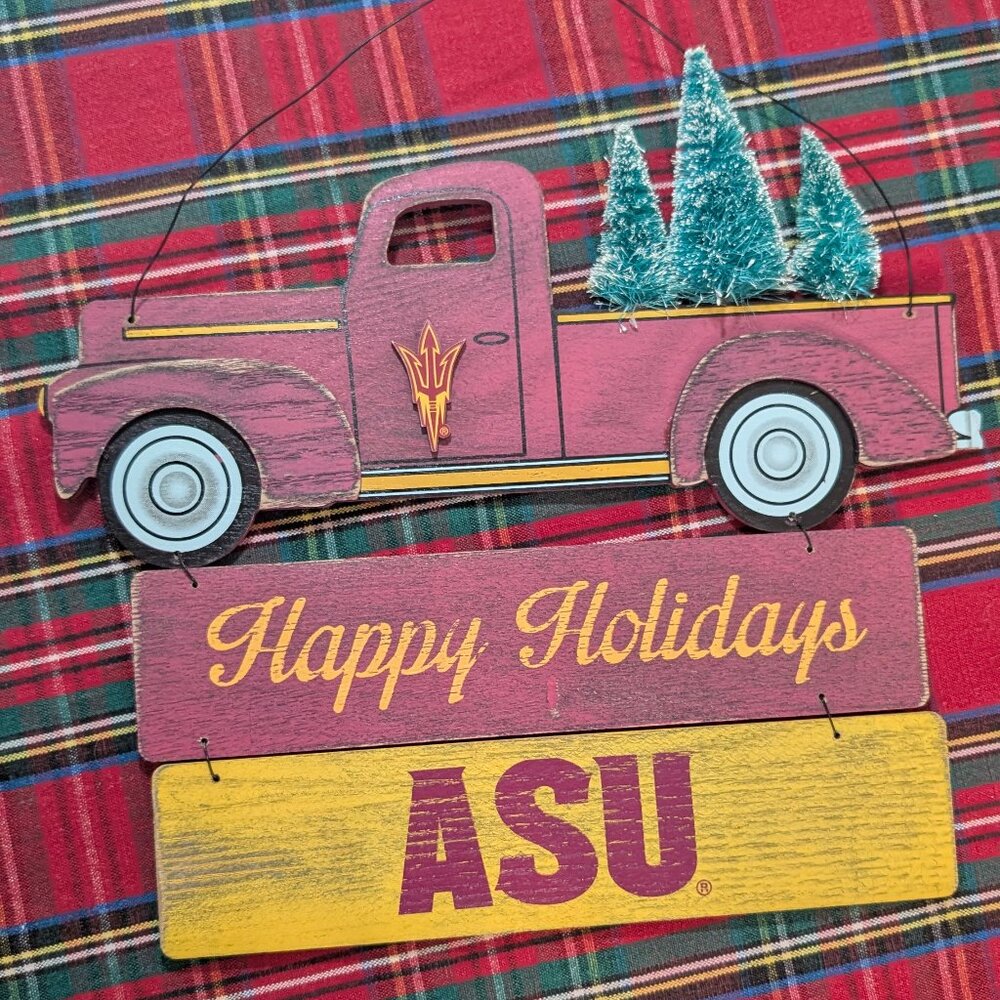 Wooden Christmas Tree Hanging Sign Happy Holidays ASU Arizona State Truck